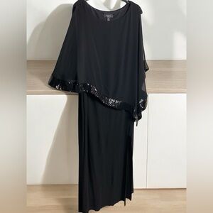 R&M Richards 18W Black Long Dress with Sequin Trim Asymmetric Cape